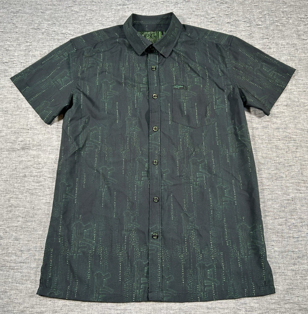 Retro Rifle Matrix Shirt Mens Medium Short Sleeve Stretch Digital Rain Button-Up